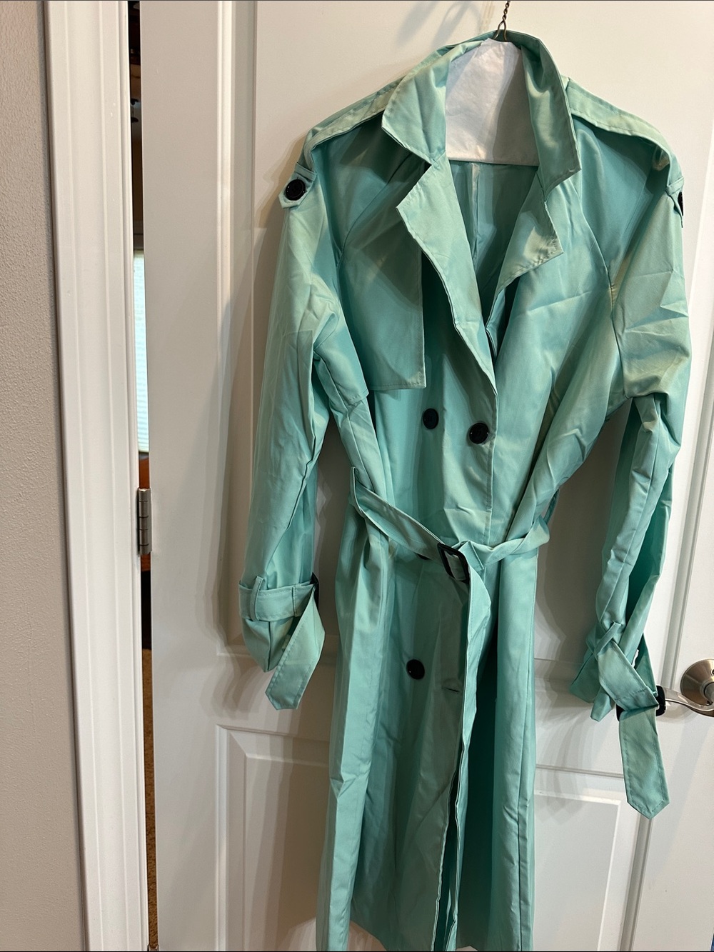 SHEIN Mint Green Double-Breasted Trench Coat with Belt